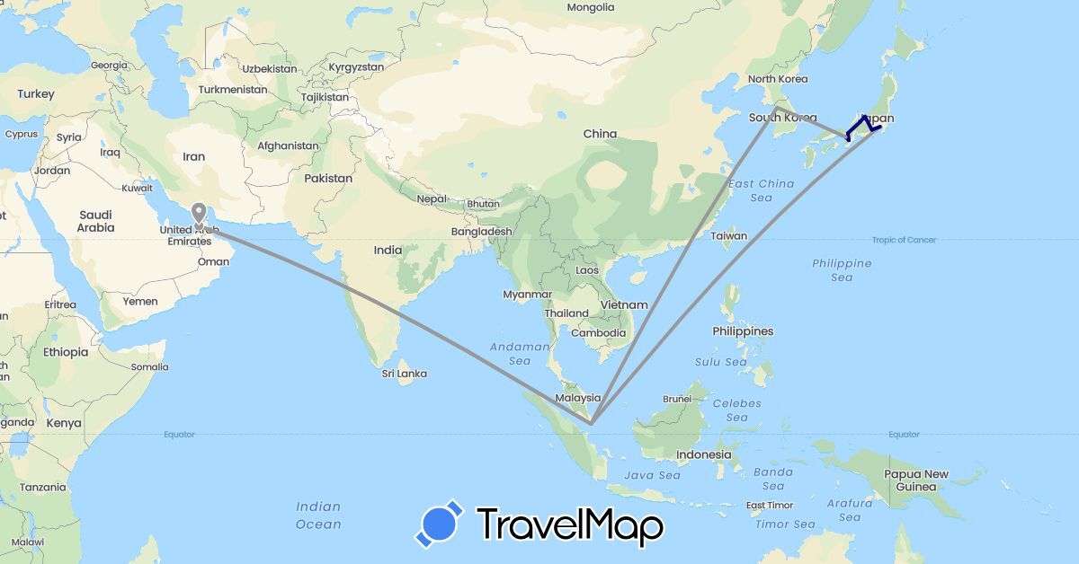 TravelMap itinerary: driving, plane in United Arab Emirates, Japan, South Korea, Singapore (Asia)